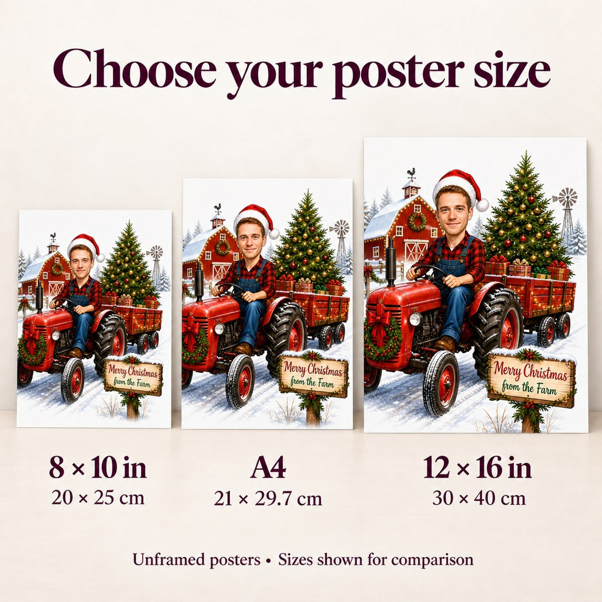 Poster sizes 8x10, A4, and 12x16 compared on wall above desk for scale.