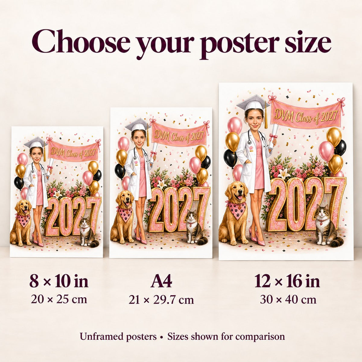 Poster sizes 8x10, A4, and 12x16 compared side by side for scale reference.
