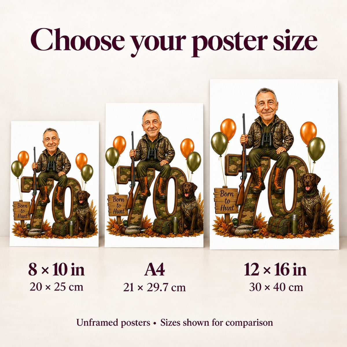 Poster size comparison showing 8x10, A4, and 12x16 hunting caricature prints on wall.