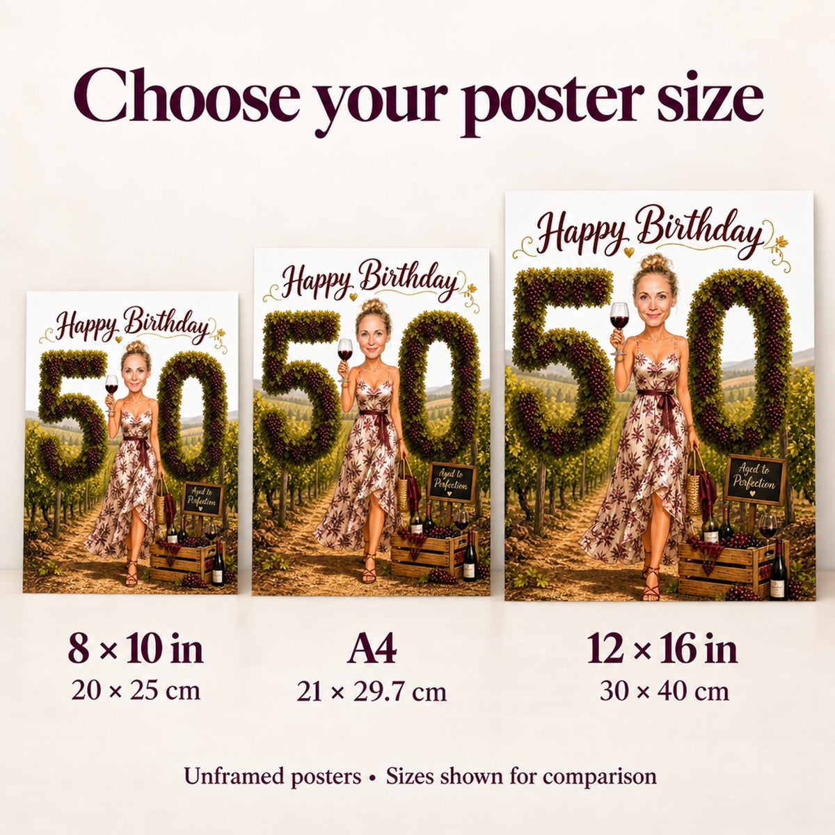 Poster size comparison 8x10, A4, and 12x16 inches held by hands.