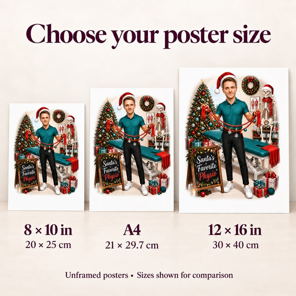 Poster sizes 8x10, A4, 12x16 compared side by side for scale.
