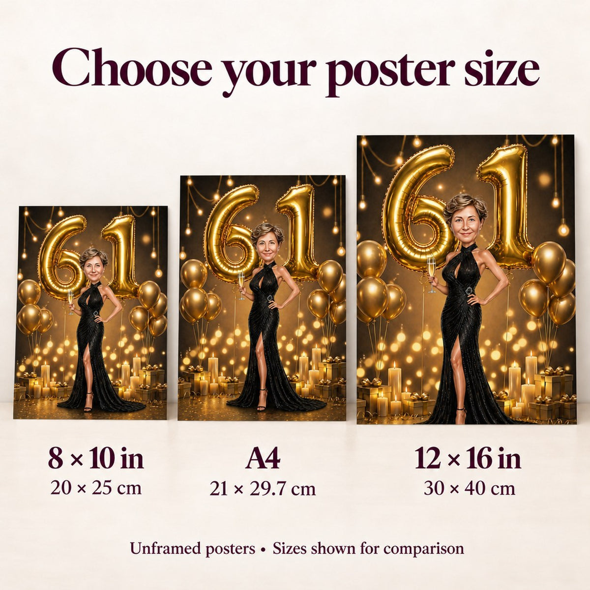 Poster in 8x10, A4, and 12x16 shown against a wall for scale.