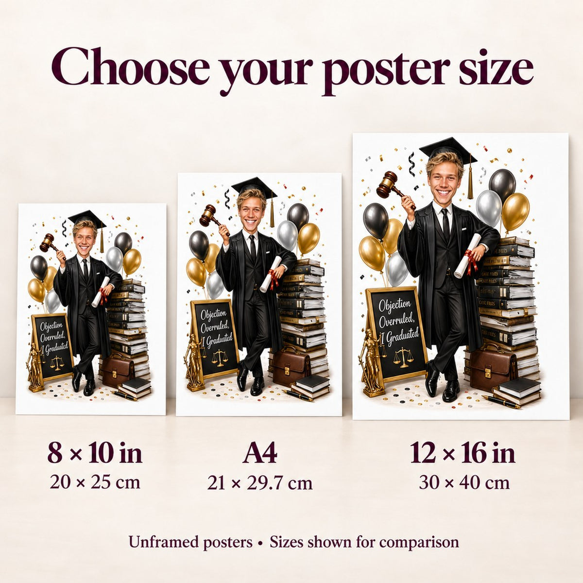 Poster size comparison: 8x10, A4, and 12x16 law graduation caricature prints