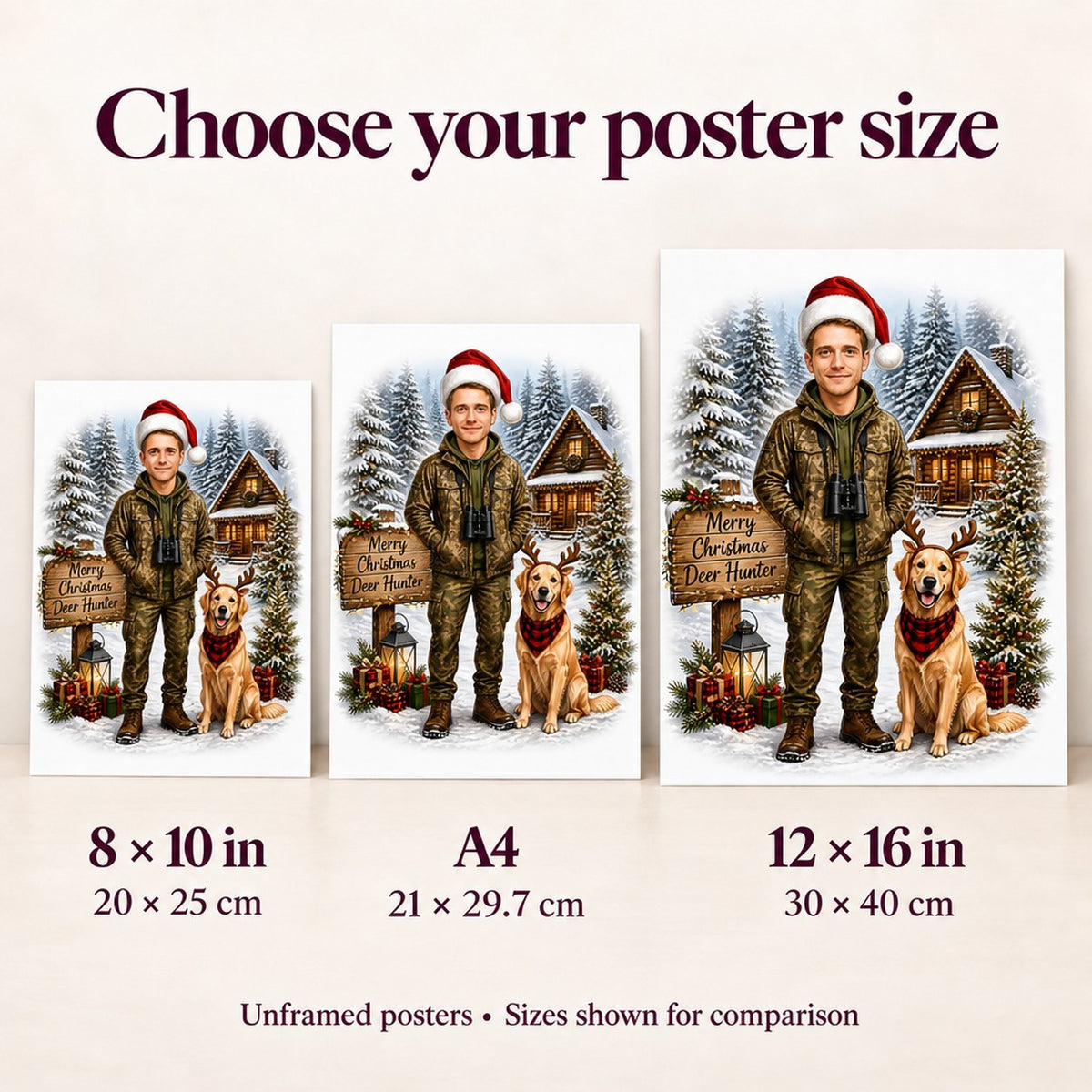 8x10, A4, and 12x16 matte poster sizes compared against wall for scale