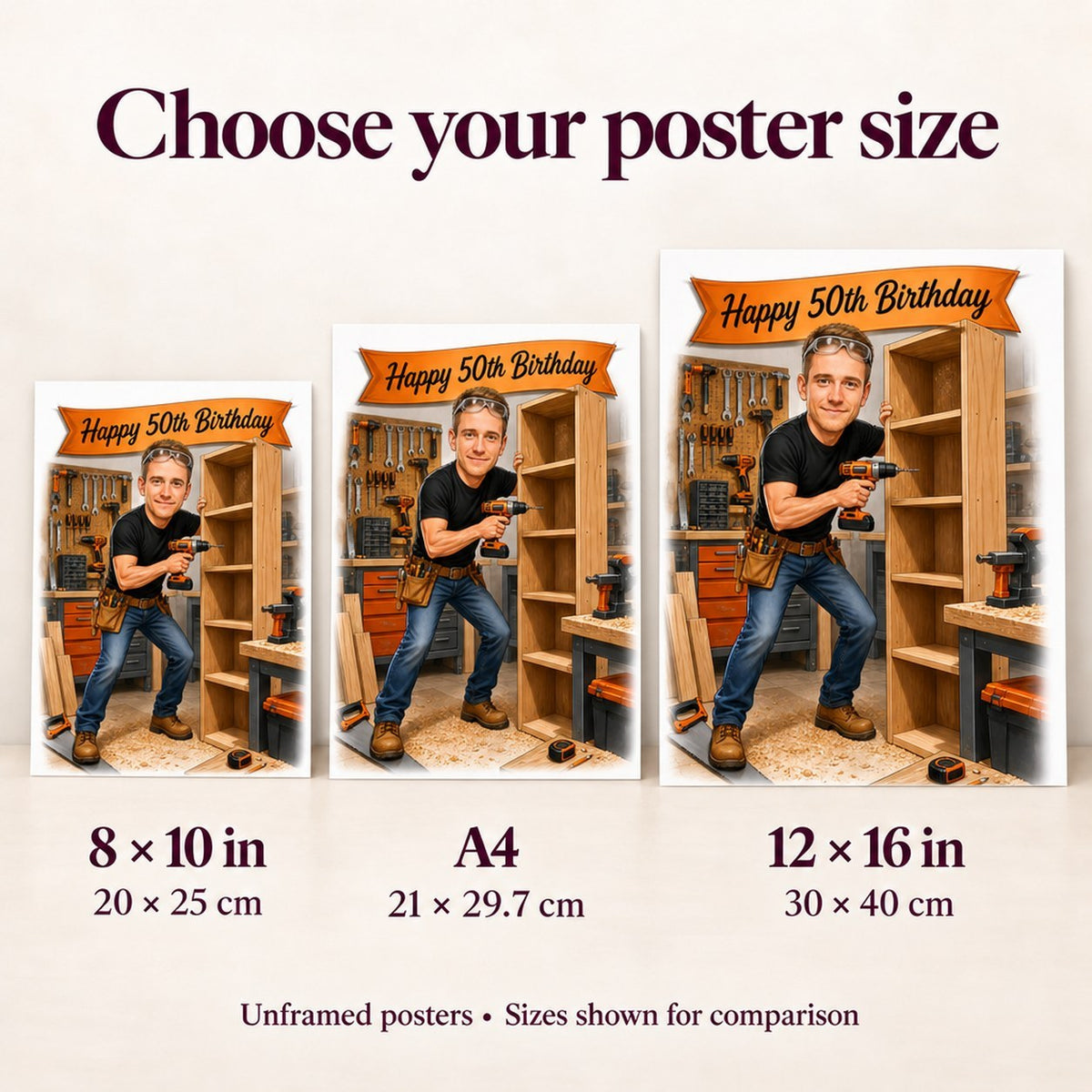 8x10, A4, and 12x16 poster sizes shown on a wall for scale.