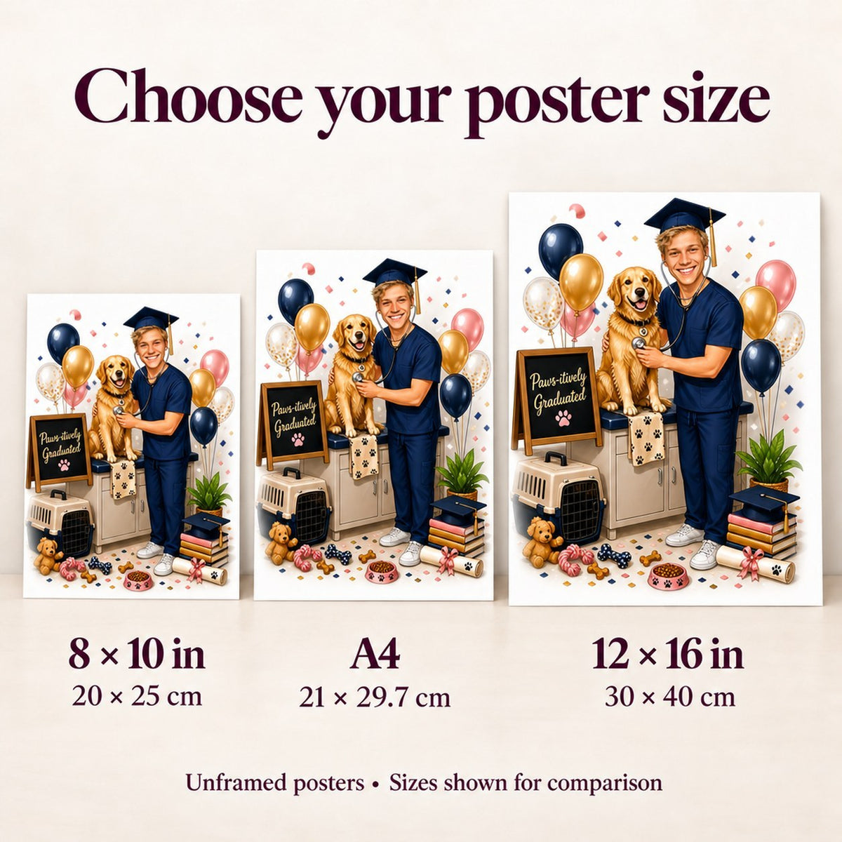 Poster size comparison showing 8x10, A4, and 12x16 prints held against wall.