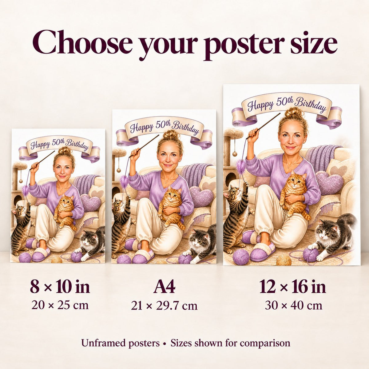 Poster sizes 8x10, A4, and 12x16 compared on wall beside sofa.