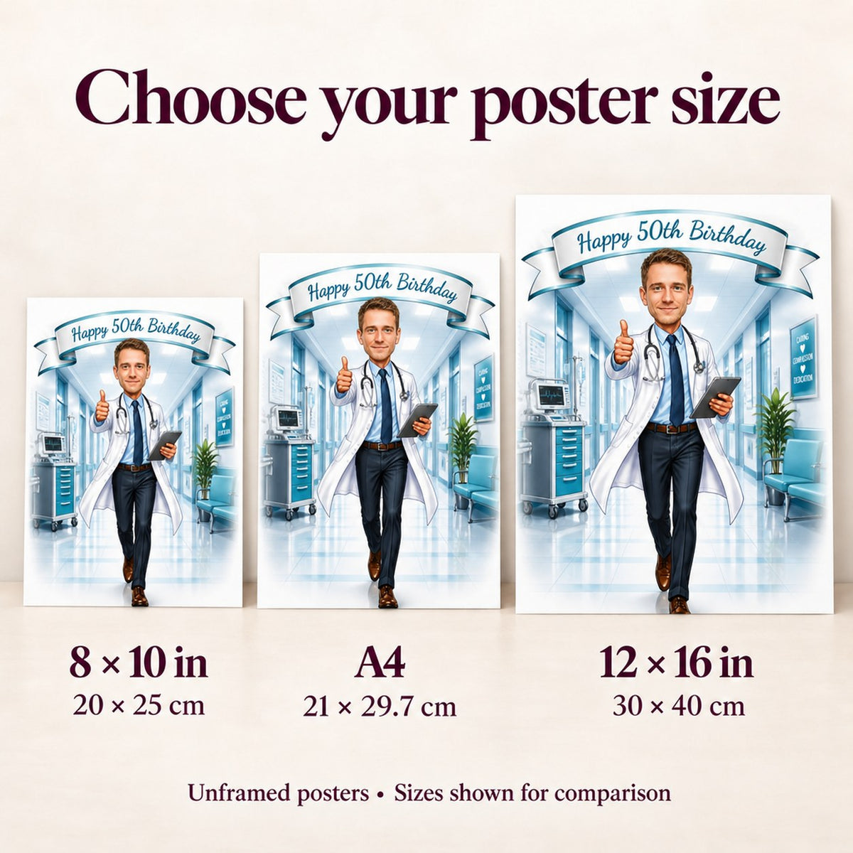 Wall size guide comparing 8x10, A4, and 12x16 doctor posters side by side