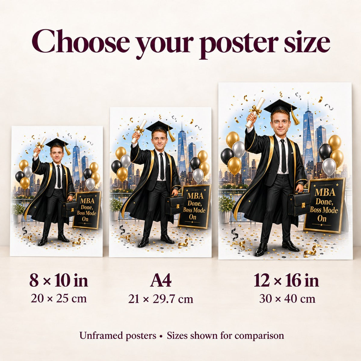 Poster sizes 8x10, A4, and 12x16 inches shown side by side.