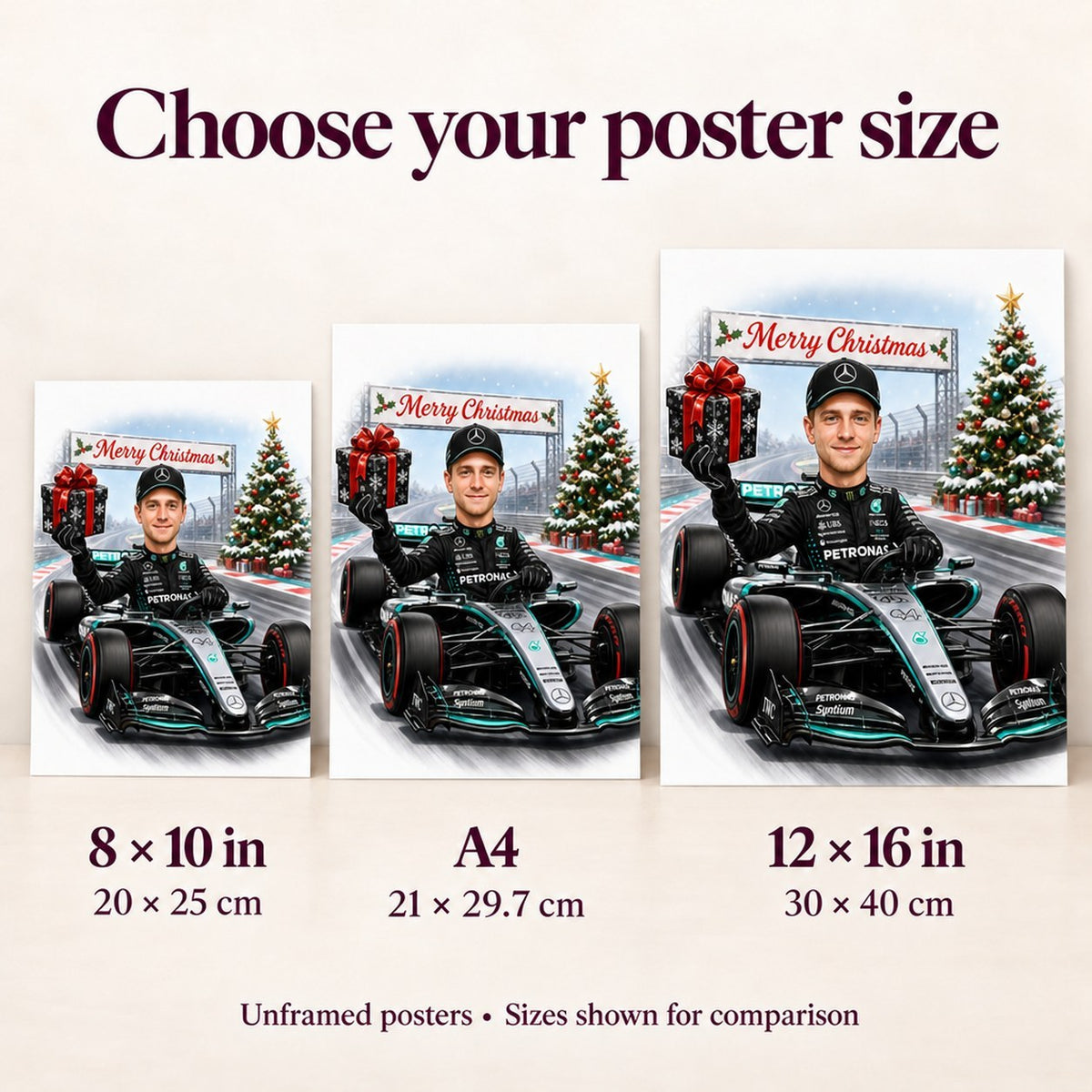 Poster size comparison showing 8x10, A4, and 12x16 prints without frames.