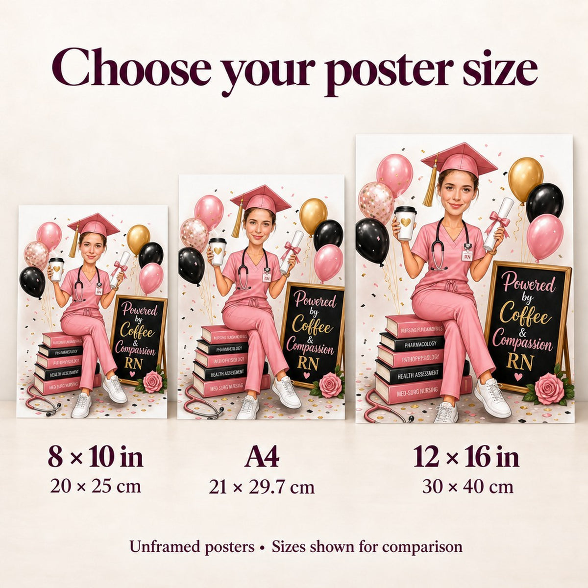 8x10, A4, and 12x16 posters displayed side by side for scale comparison.