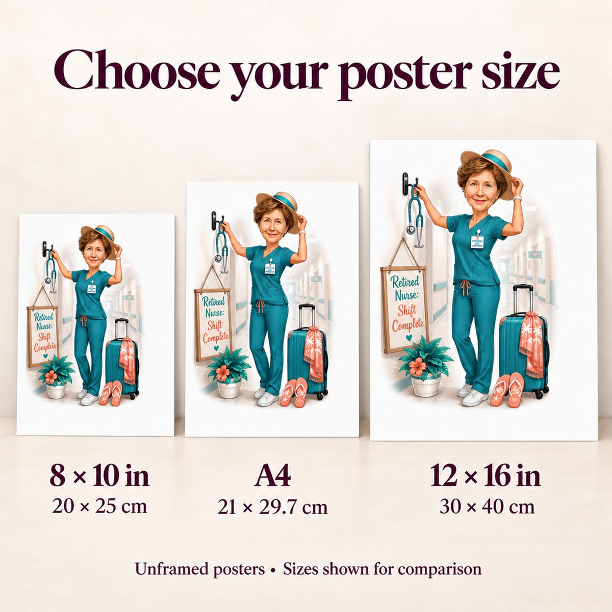 Poster sizes 8x10, A4, and 12x16 compared side by side on a wall.