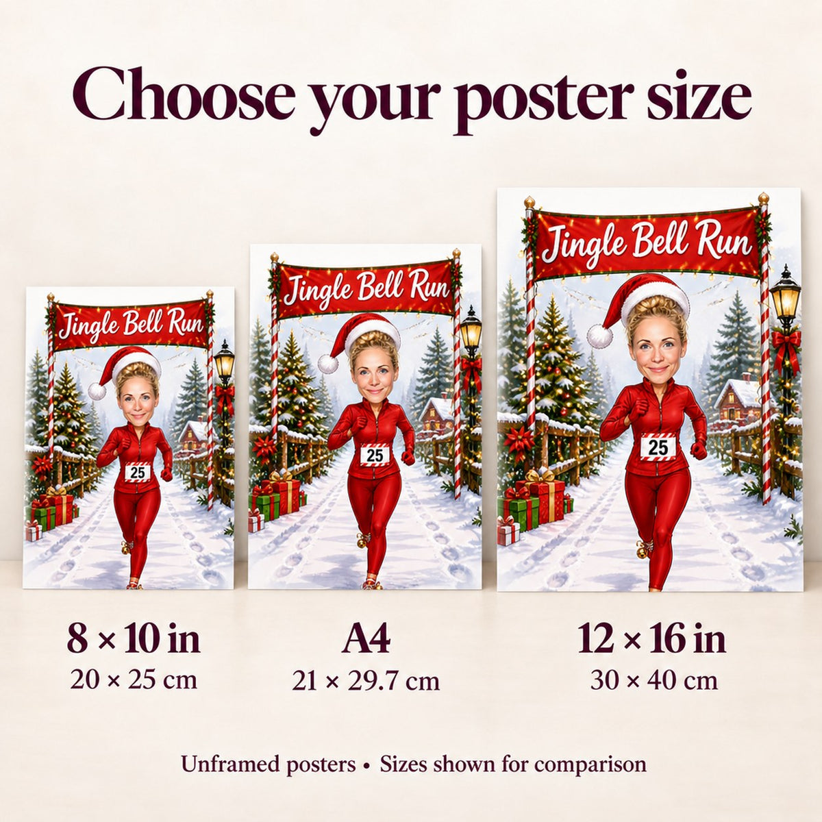 Poster size comparison showing 8x10, A4, and 12x16 inch prints on a wall.