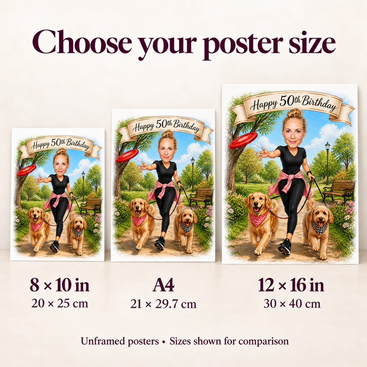 Poster size comparison showing A4, 8x10, and 12x16 beside a frame.
