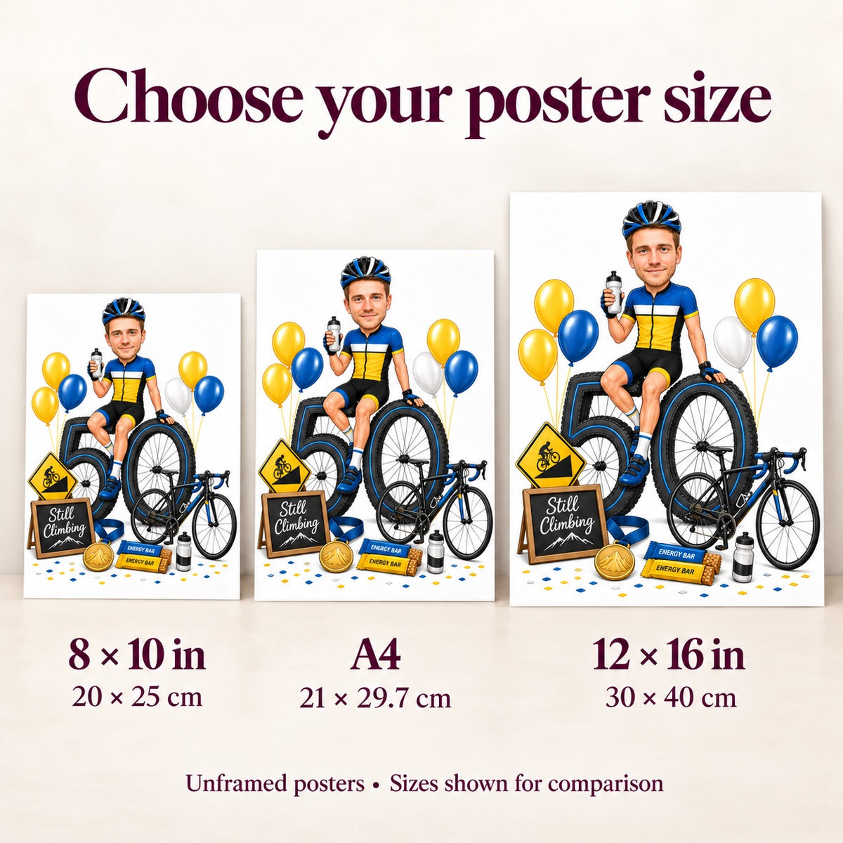Poster size comparison showing 8x10, A4, and 12x16 cycling caricature prints.