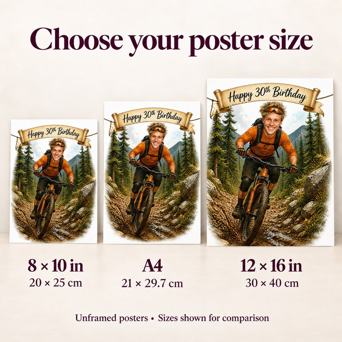 Poster size comparison of 8x10, A4 and 12x16 mountain biker prints next to hands.