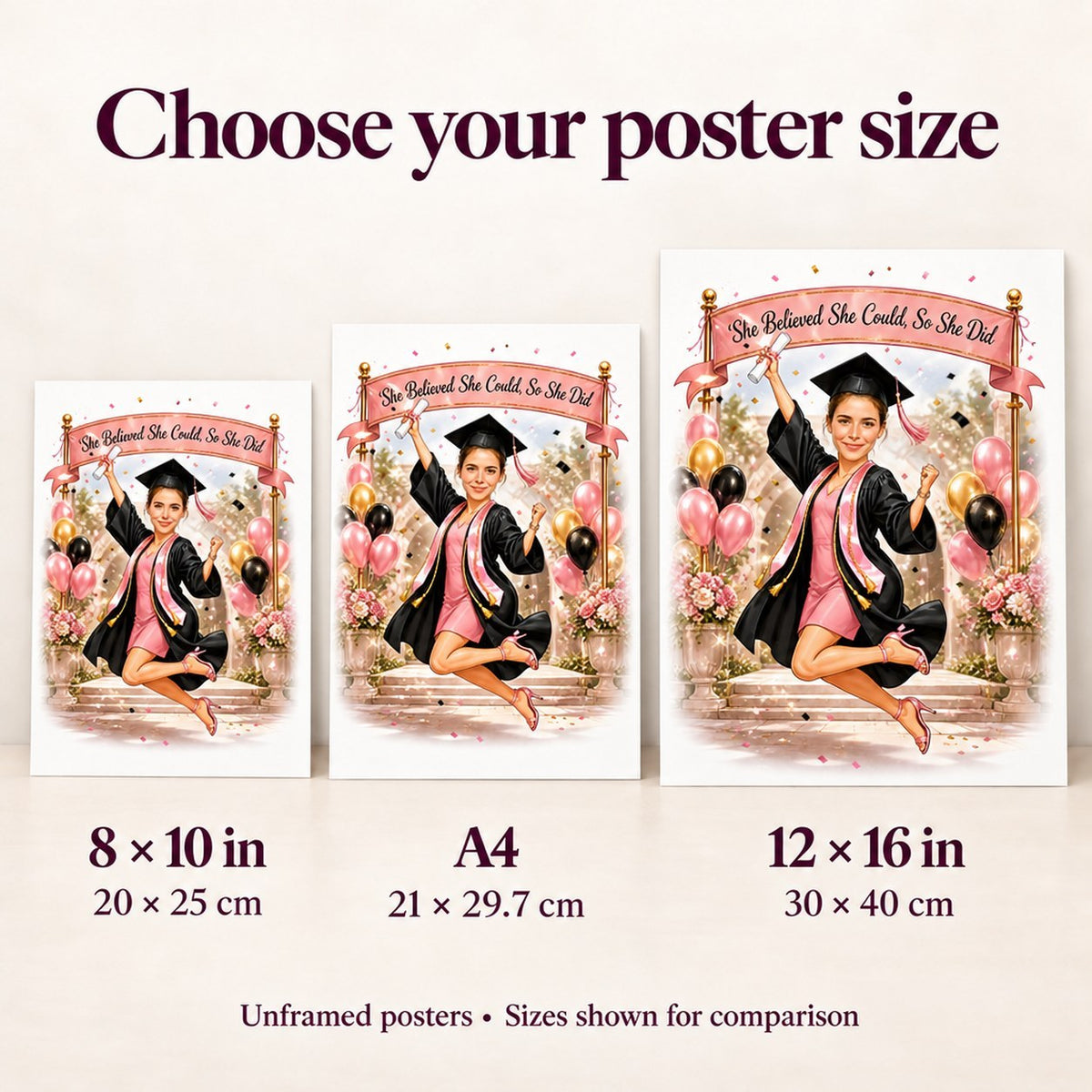 Poster size guide showing 8x10, A4, and 12x16 formats for comparison