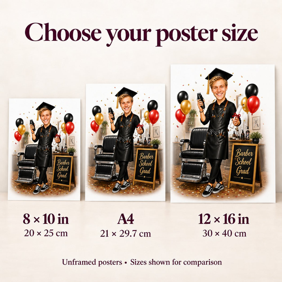 Poster sizes 8x10, A4, and 12x16 shown side by side for easy scale comparison.