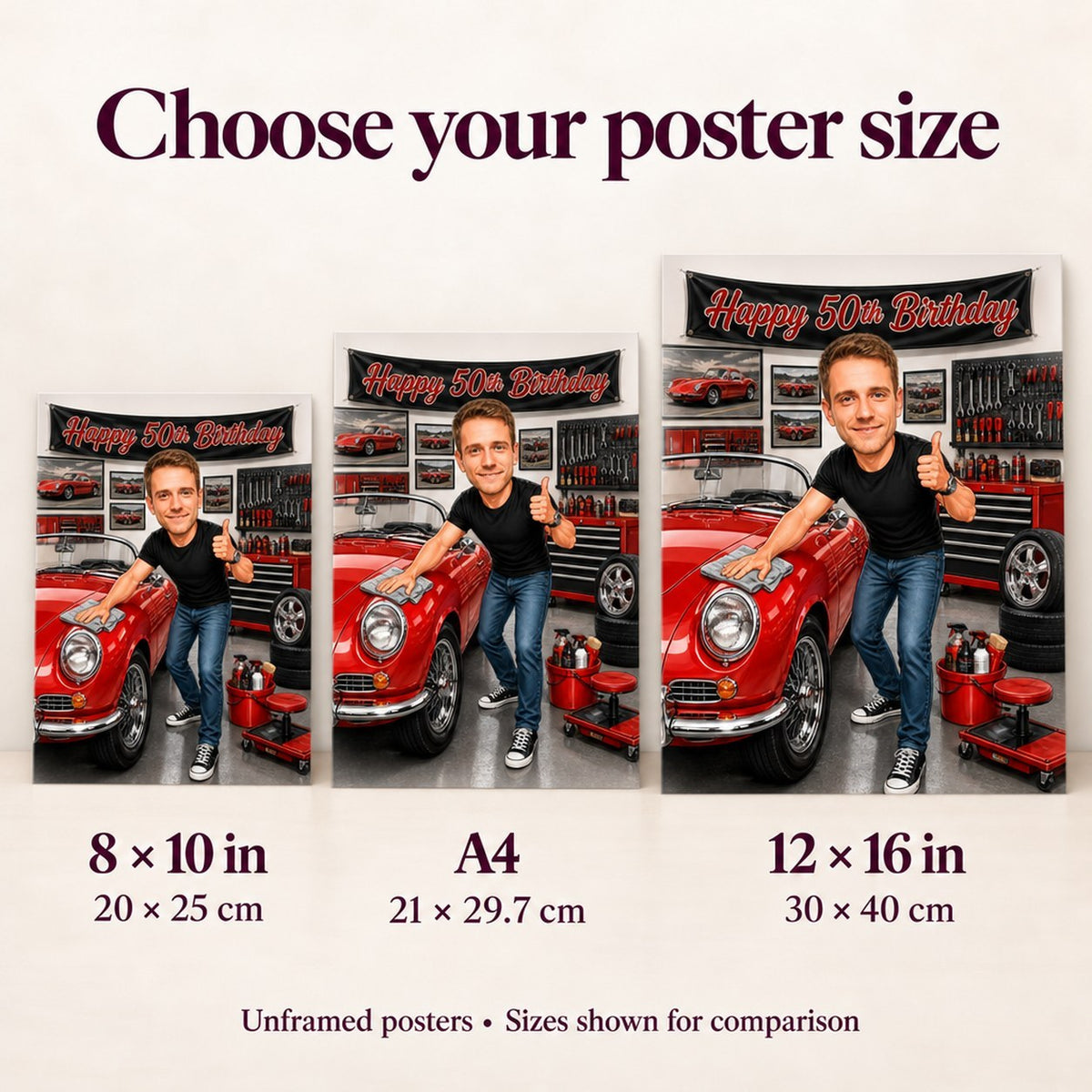 Poster sizes 8x10, A4 and 12x16 inches compared on wall above desk