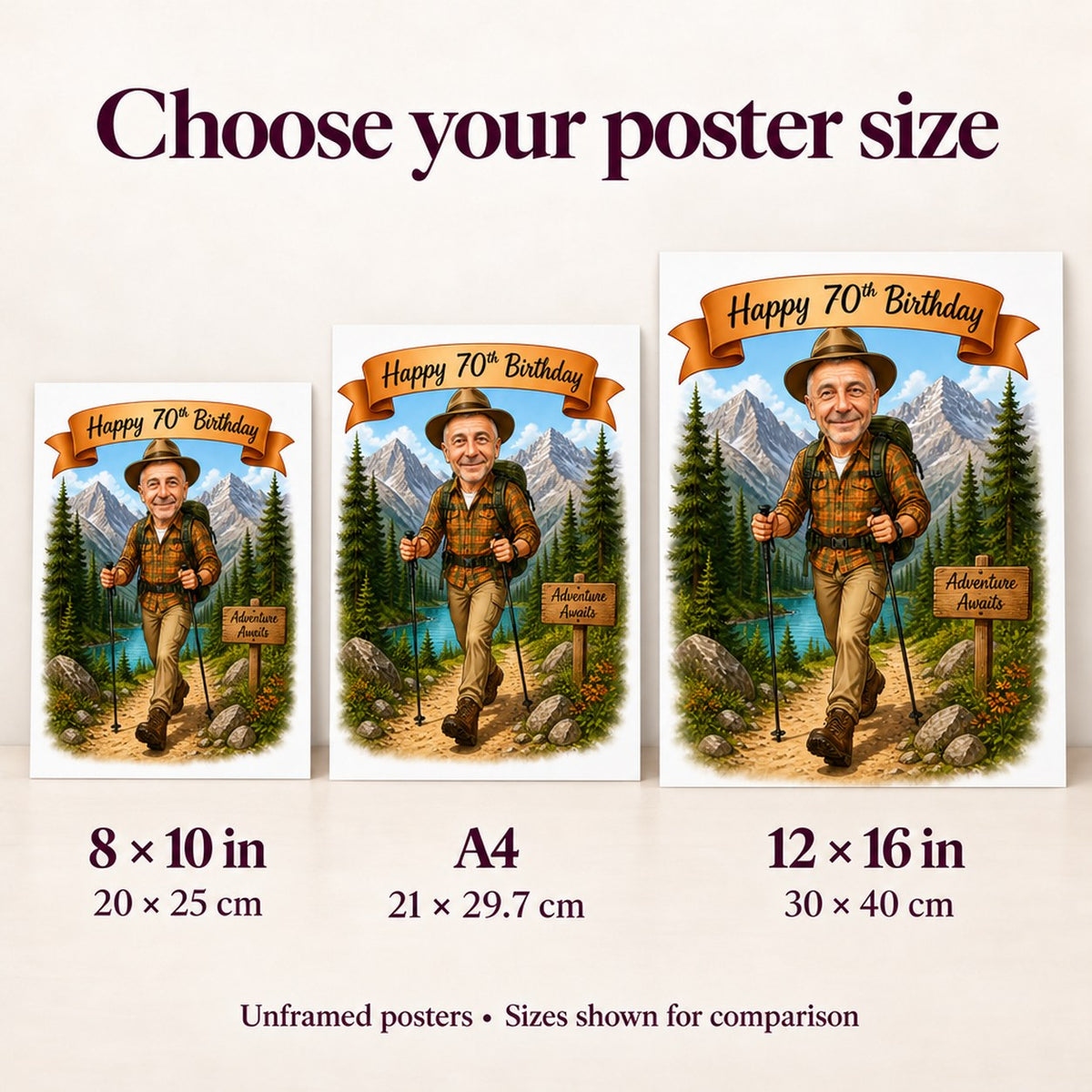 8x10, A4 and 12x16 poster sizes compared to person for scale.