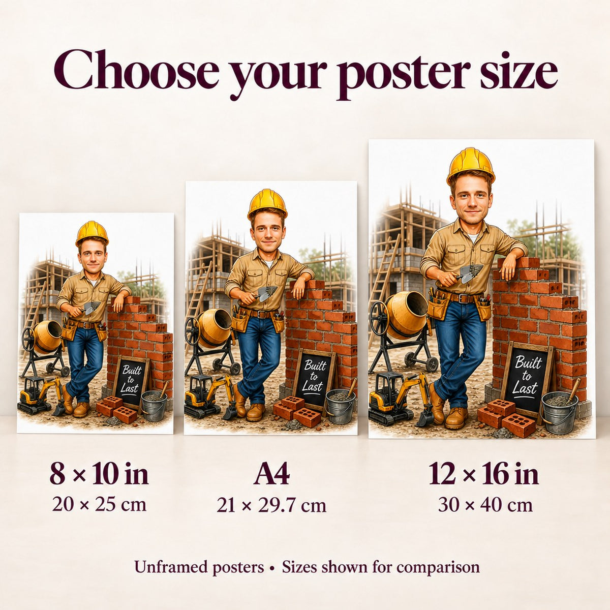 Poster sizes 8x10, A4, and 12x16 compared against a modern living room wall.