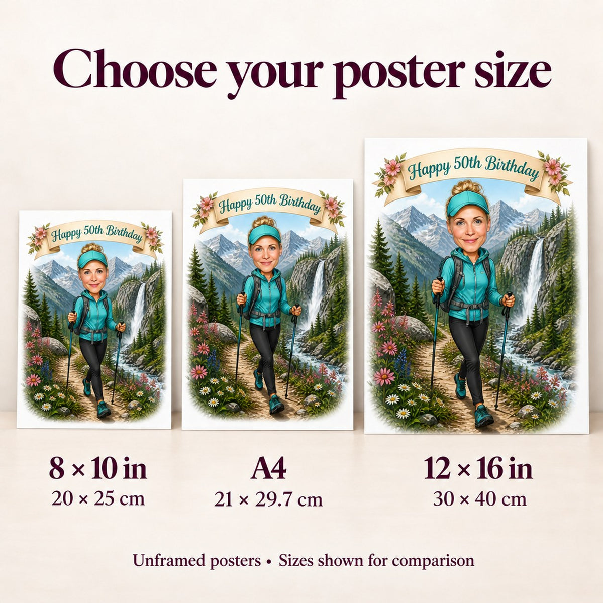 Matte poster size comparison: 8x10, A4, and 12x16 hiking caricature prints