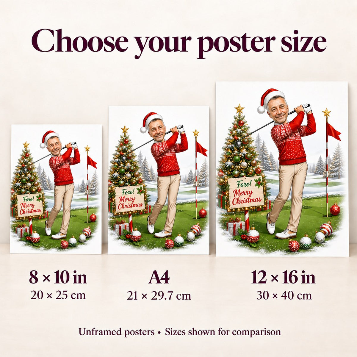 Poster size guide comparing 8x10, A4 and 12x16 Christmas golf caricature prints on wall