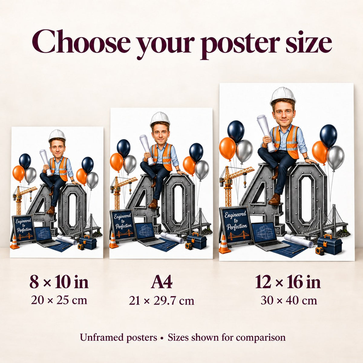 Poster sizes 8x10, A4, and 12x16 beside laptop and blueprints for scale.