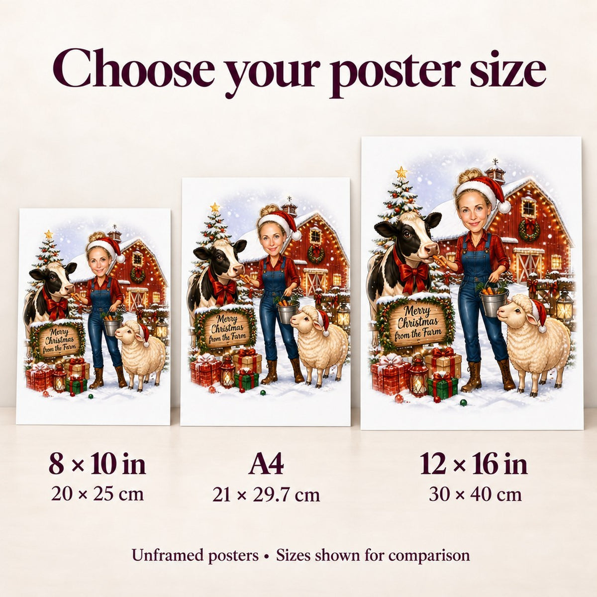 Poster shown in 8x10, A4, and 12x16 inches side by side on wall.