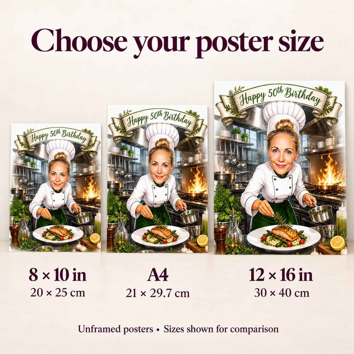 8x10, A4, and 12x16 posters compared side by side against wall