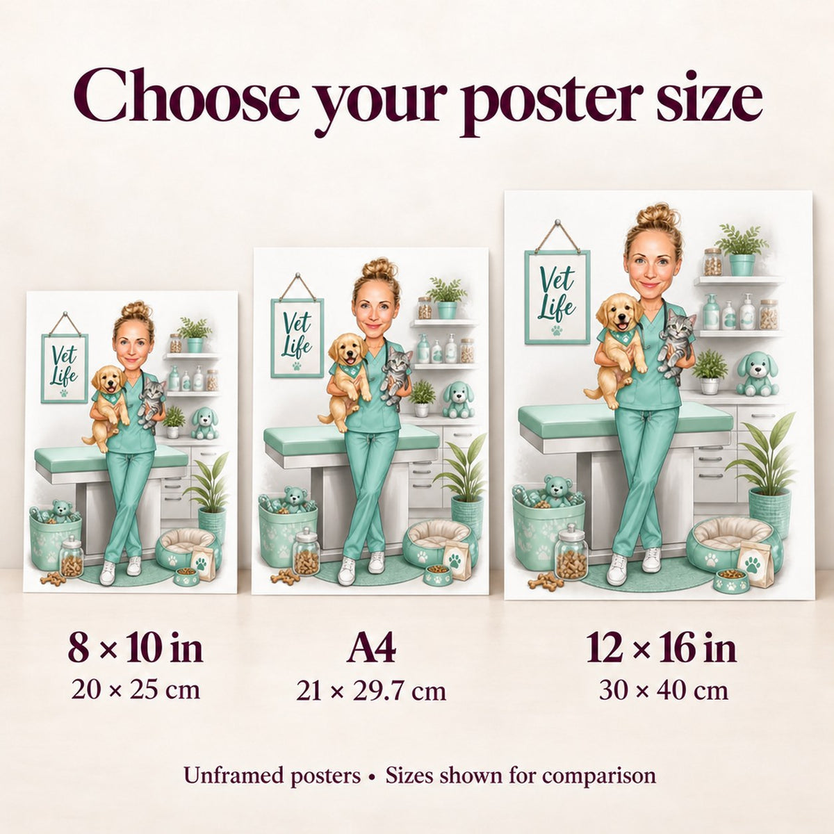 Poster size comparison of 8x10, A4, and 12x16 on wall above desk.