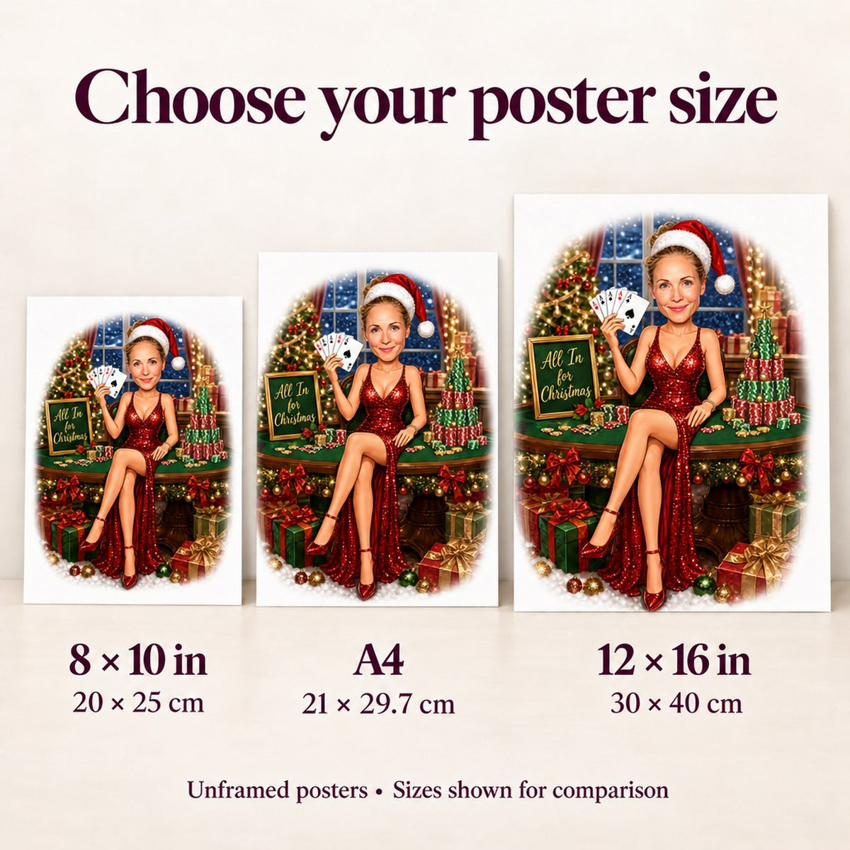 8x10, A4, and 12x16 poker Christmas posters shown side by side on wall.