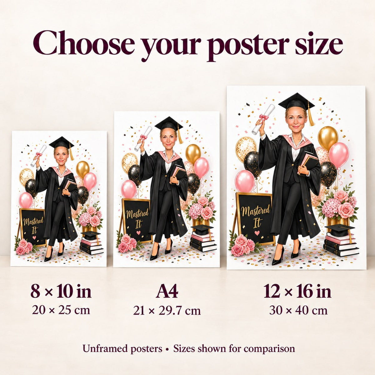 8x10 and 12x16 posters shown next to A4 size for easy comparison.