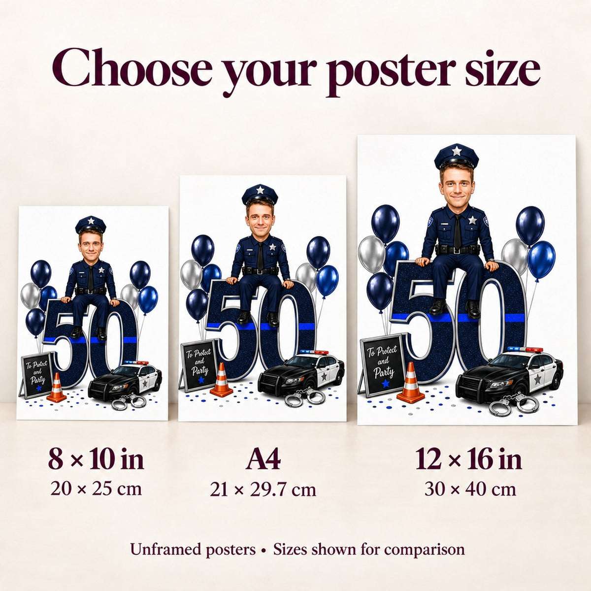 8x10, A4, and 12x16 poster size comparison held in hands against wall.