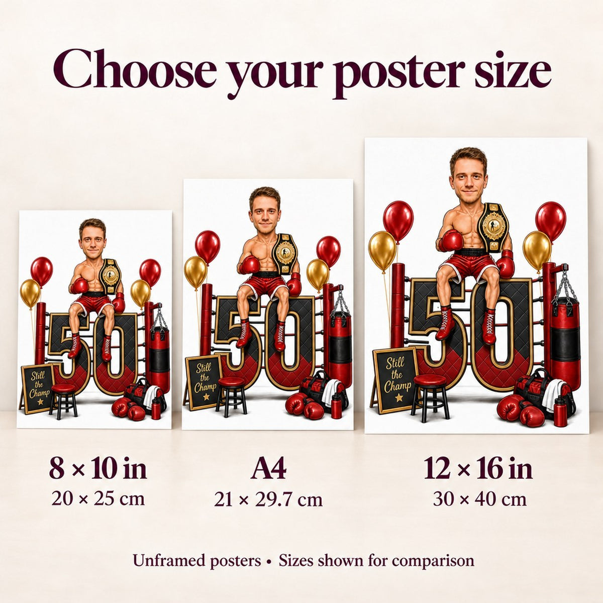 Poster sizes 8x10 inches, A4, and 12x16 inches compared side by side