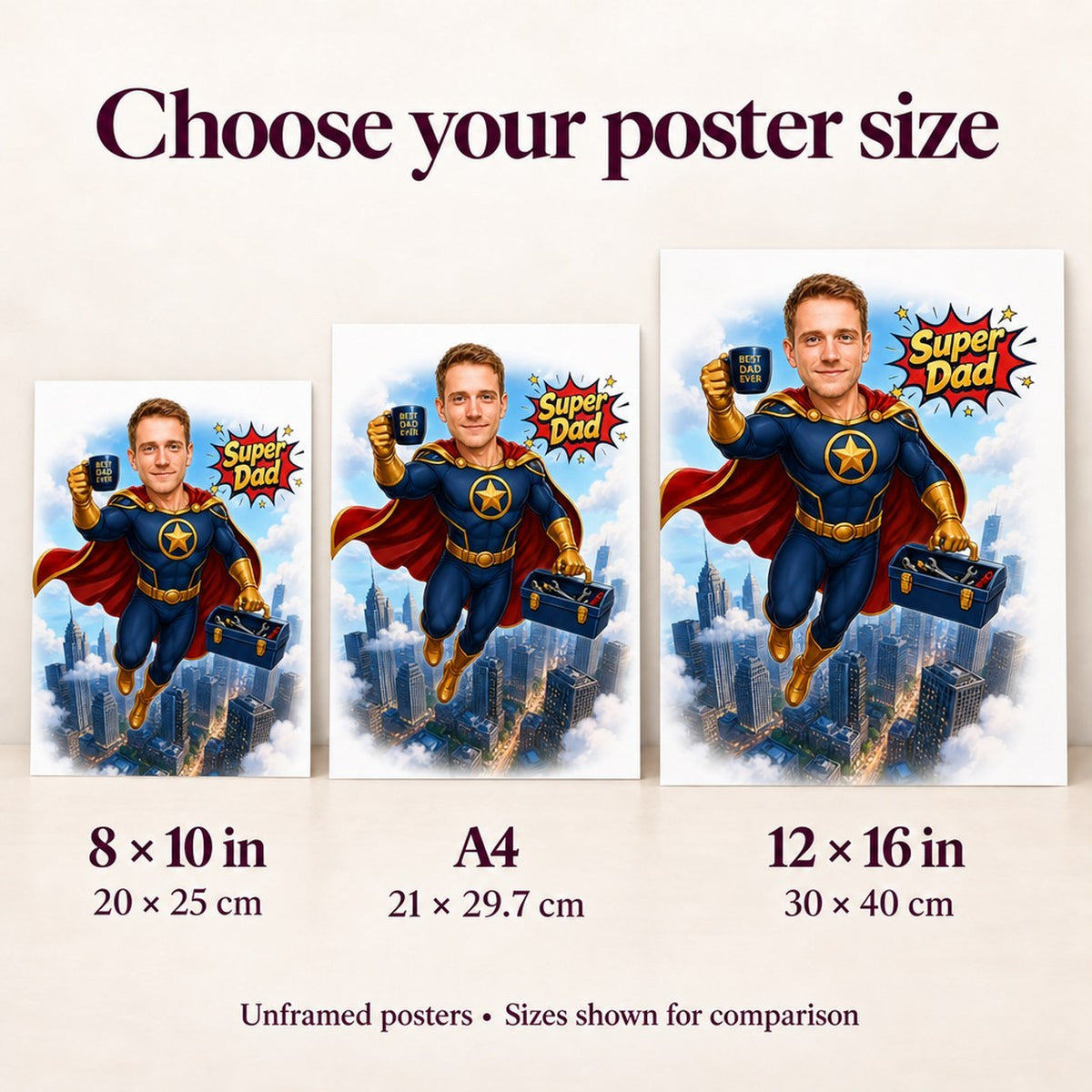Poster size guide comparing 8x10, A4, 12x16 Super Dad caricature on wall.