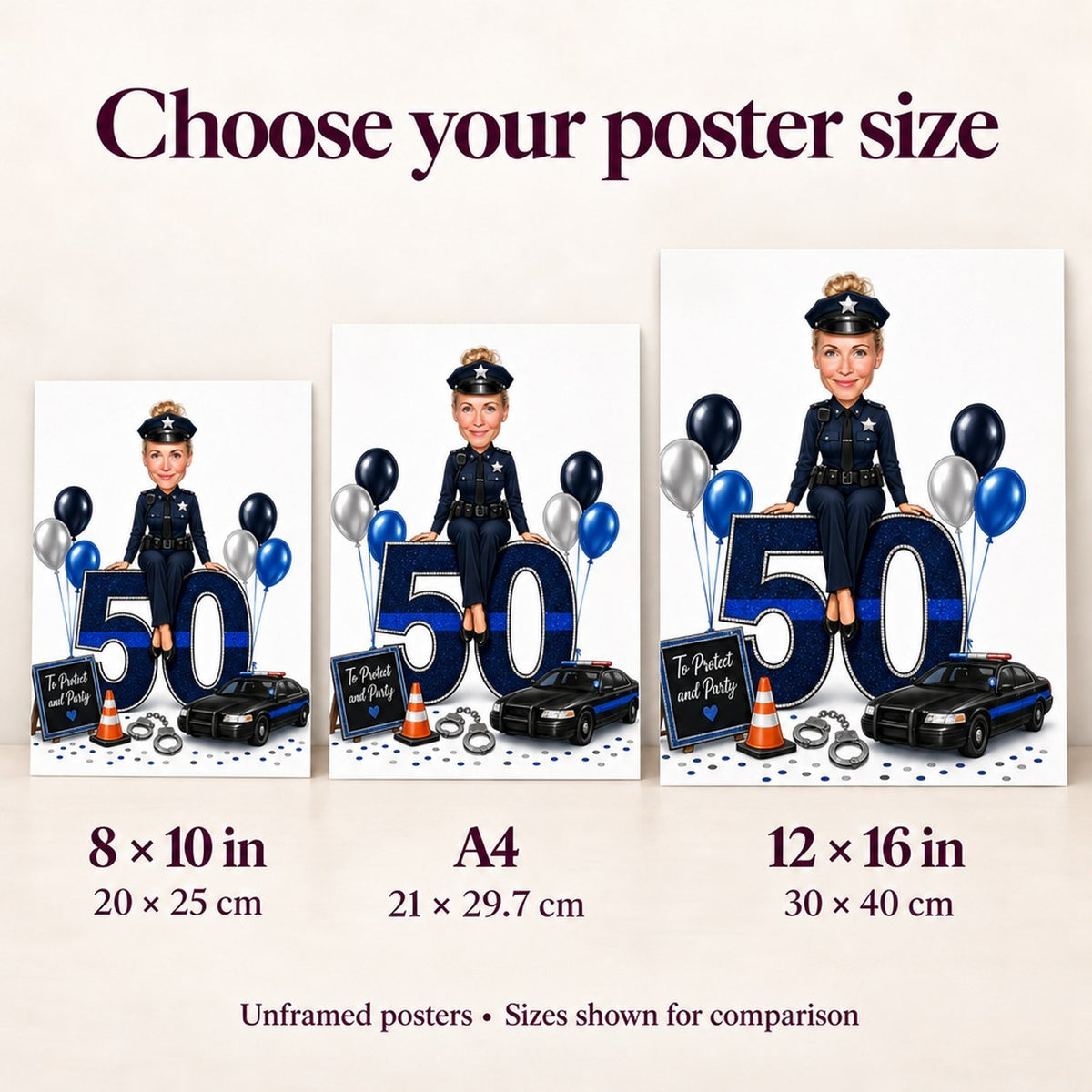Poster size comparison of 8x10, A4, and 12x16 shown against wall.