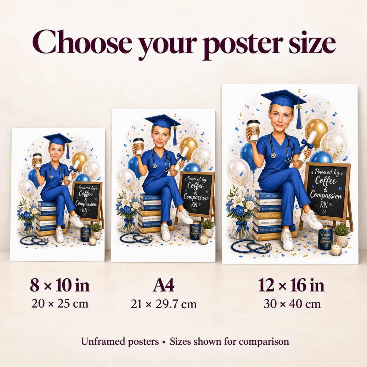 Poster size comparison 8x10, A4 and 12x16 inches displayed on wall.