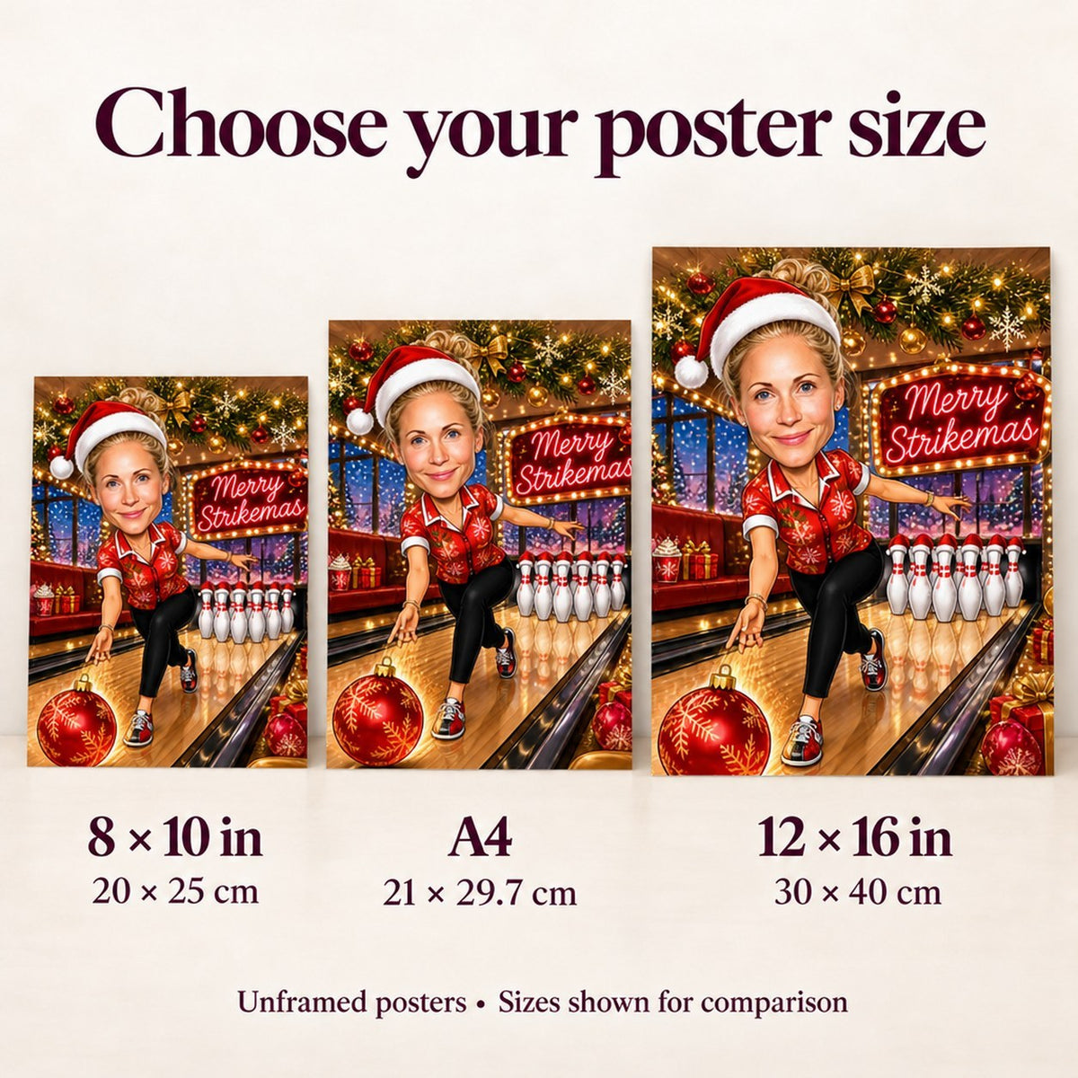 Matte posters 8x10, A4, and 12x16 shown for easy size comparison.