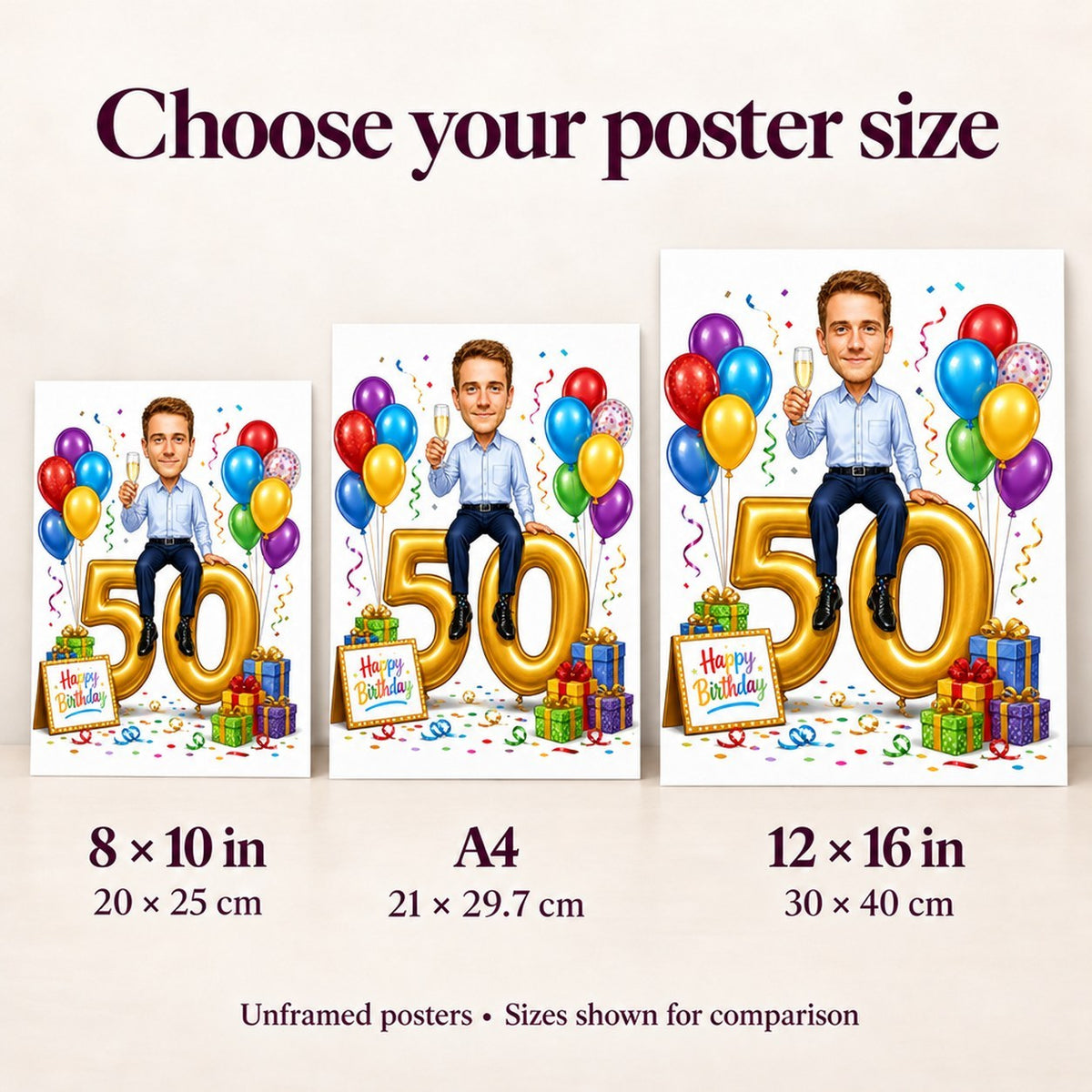 Poster sizes compared: 8x10, A4, and 12x16 inches on a wall.