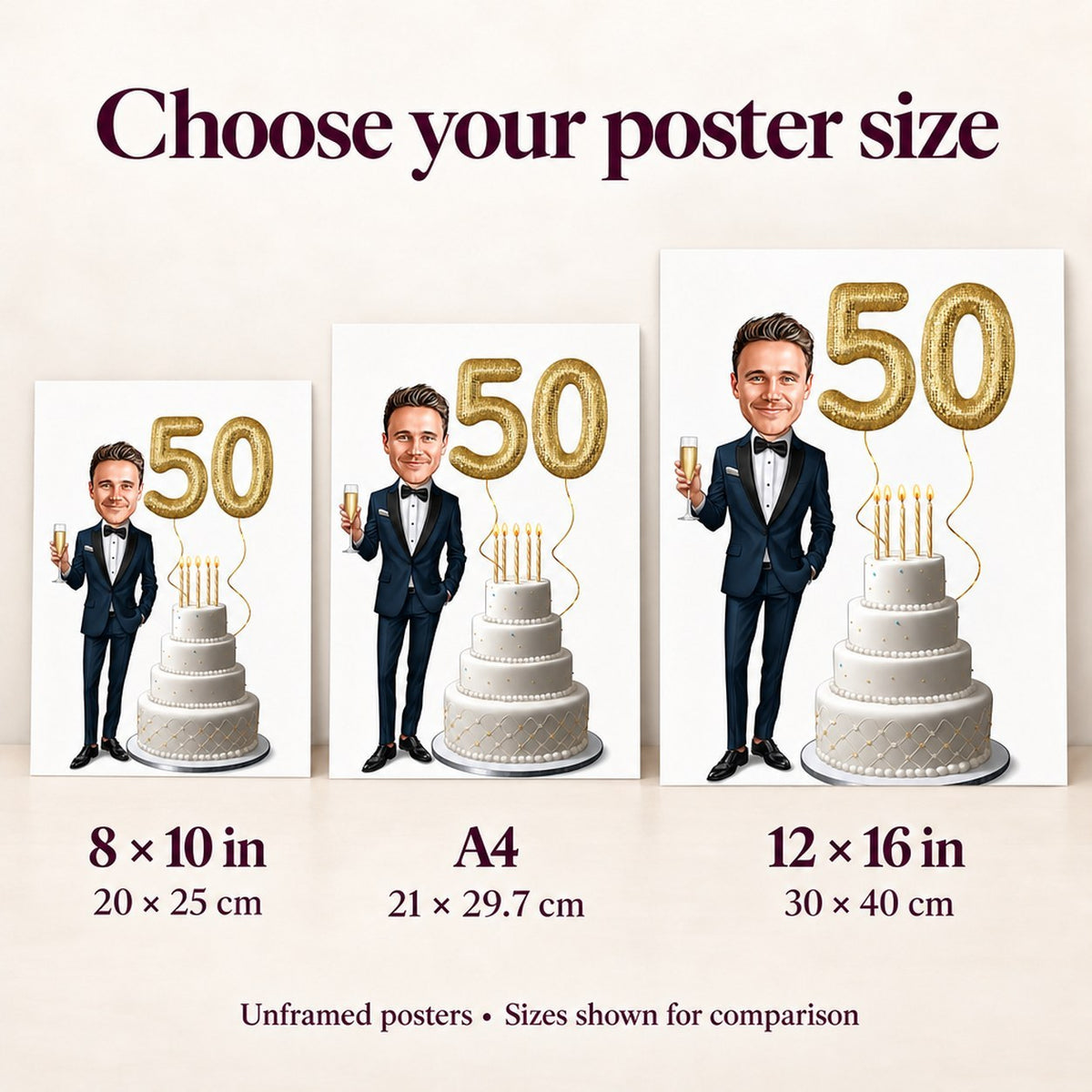 Poster sizes 8x10, A4, and 12x16 shown side by side for scale comparison.