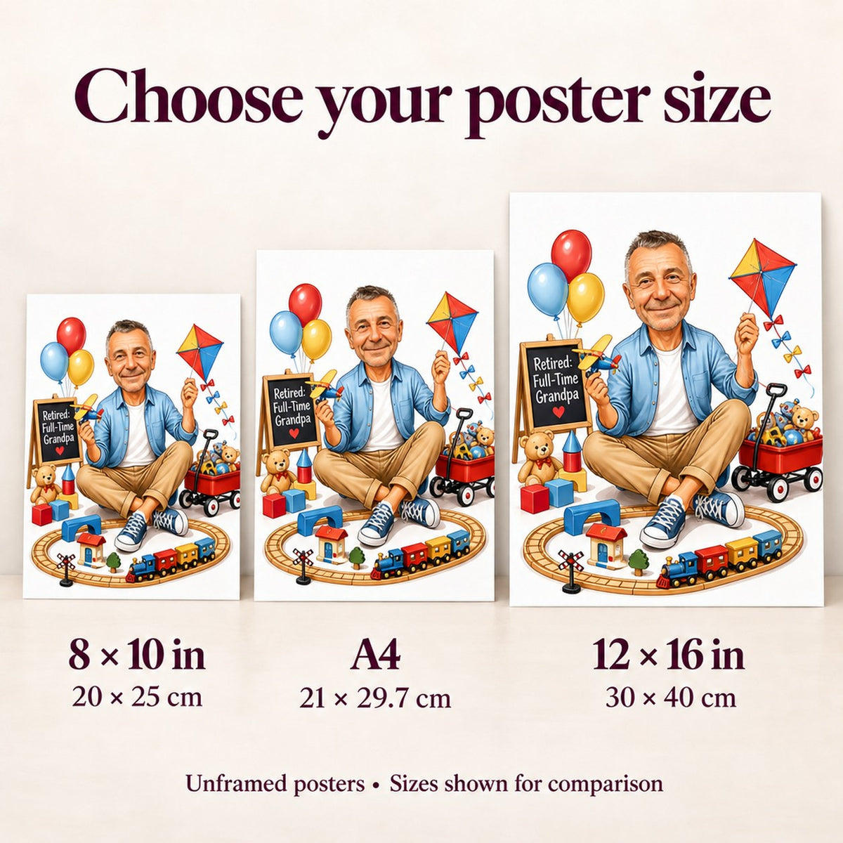 Poster sizes 8x10, A4, and 12x16 inches compared on a wall.