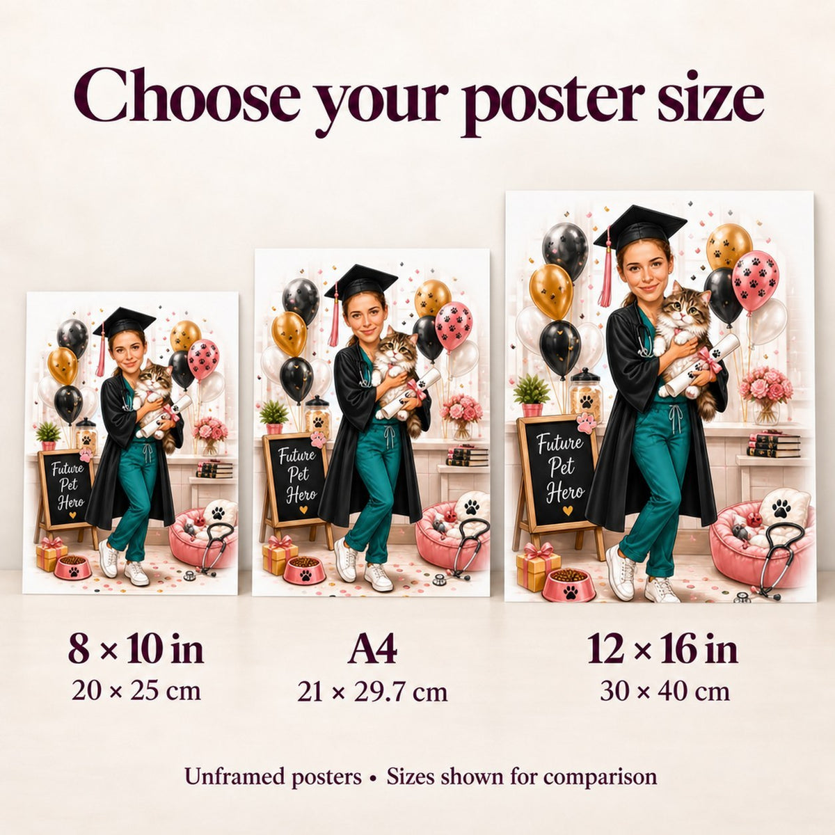 Size guide comparing 8x10, A4, and 12x16 posters on a wall.