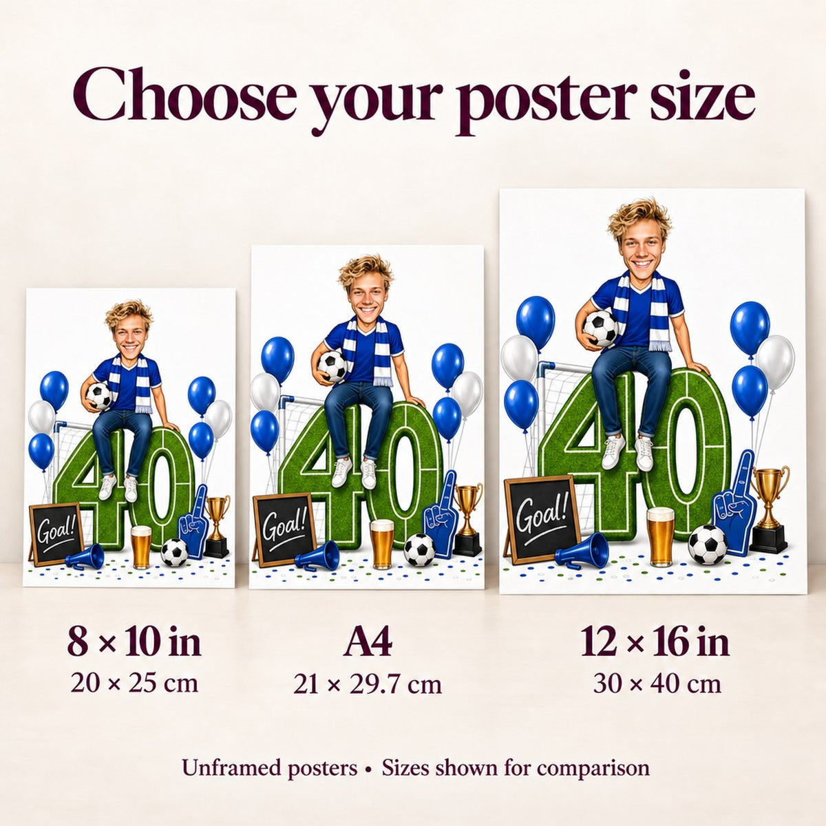 Poster size comparison in 8x10, A4, and 12x16 inches held side by side.