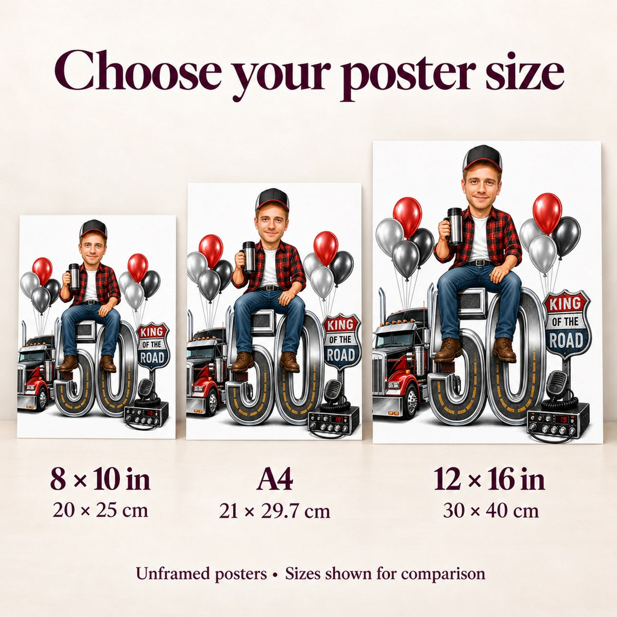 Poster sizes 8x10, A4 and 12x16 shown against human silhouette for scale.