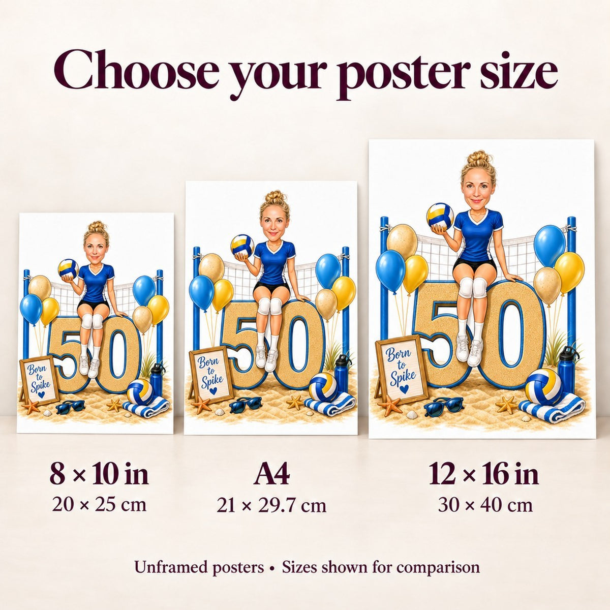 Unframed poster size comparison: 8x10, A4, and 12x16 inches on wall.
