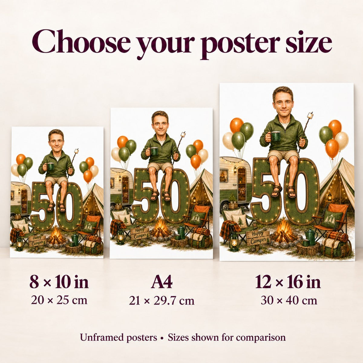 Poster sizes compared: 8x10, A4, 12x16 shown on wall and hands.