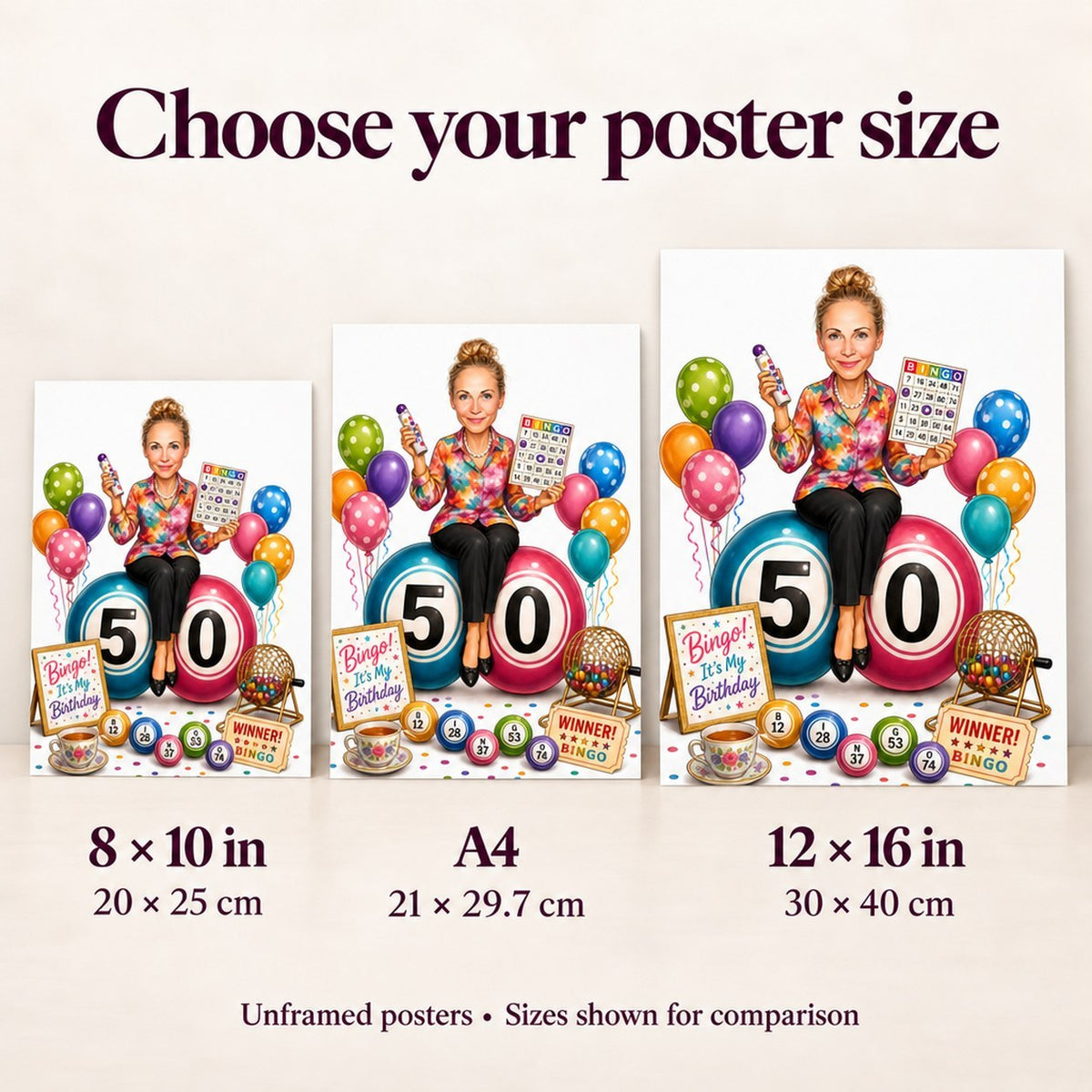 Wall preview comparing 8x10, A4, and 12x16 poster sizes beside a chair.