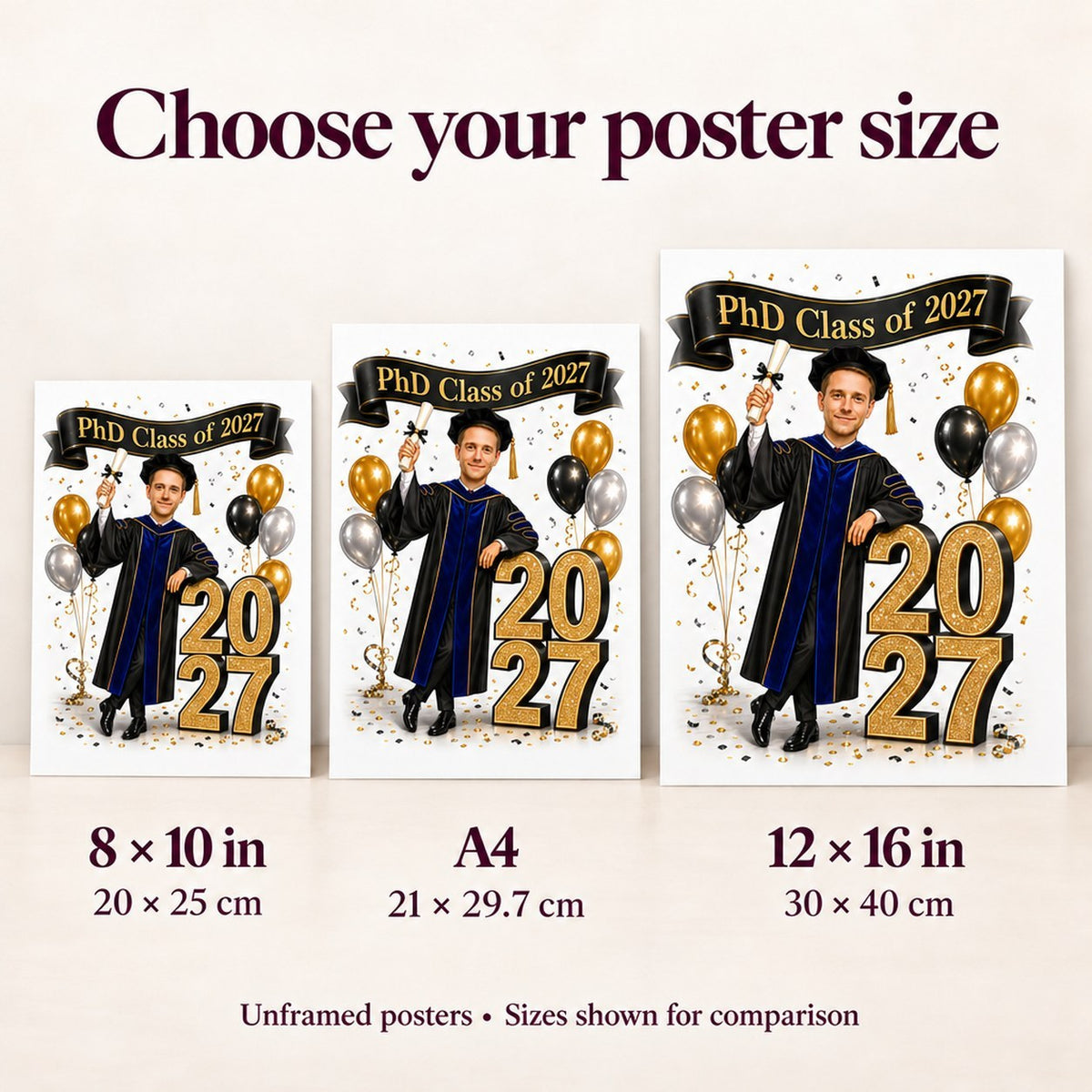 Poster sizes 8x10, A4 and 12x16 compared on wall beside picture frames.