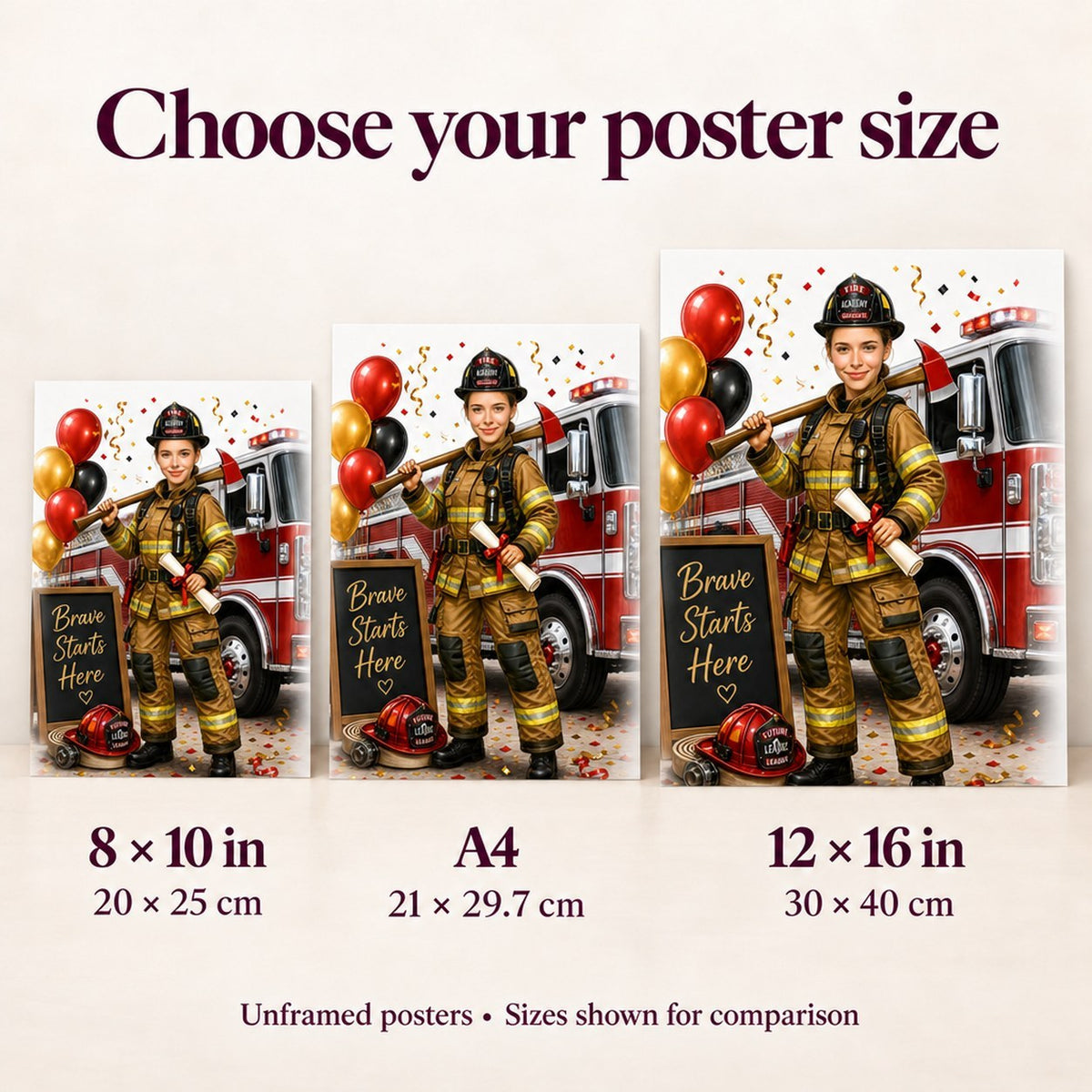 Poster sizes 8x10, A4 and 12x16 shown side by side for scale.